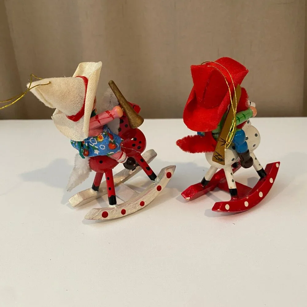 Vintage Folk Art Cowboy & Cowgirl Rocking Horse Ornaments 4